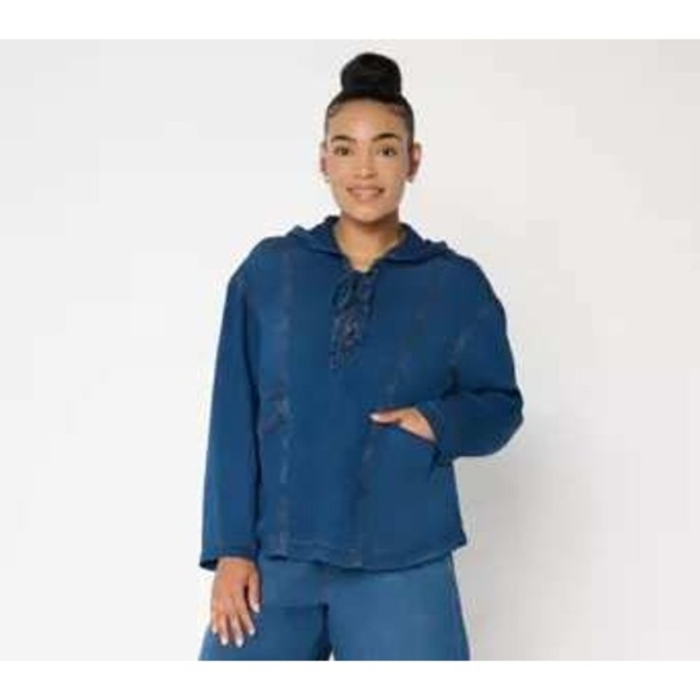 Peace Love World Size 1X Lace Up Hoodie Blue Chambray Denim Long Sleeve Pocket